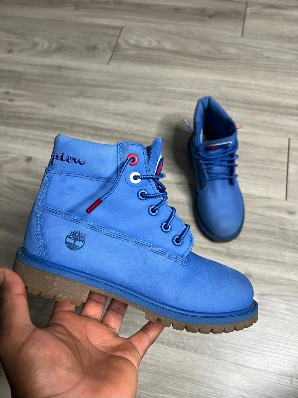 Timberland Champion Blue Lace-Up Boots with Red Logo Accent (Boys)